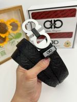 1:1 Ferragamo  Black Leather Belt Logo Veins with Silver  Logo buckle  3.5cm